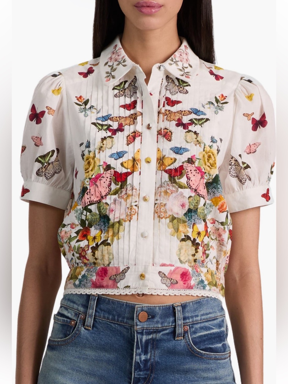 Alice + Olivia White Floral Butterfly Embroidered Button-Front Top